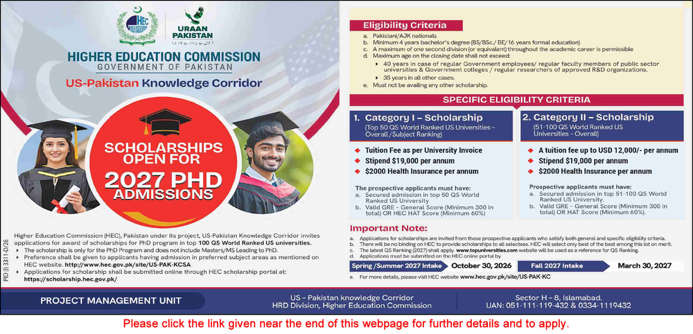Original HEC US-Pakistan Knowledge Corridor PhD Scholarships 2027 advertisement