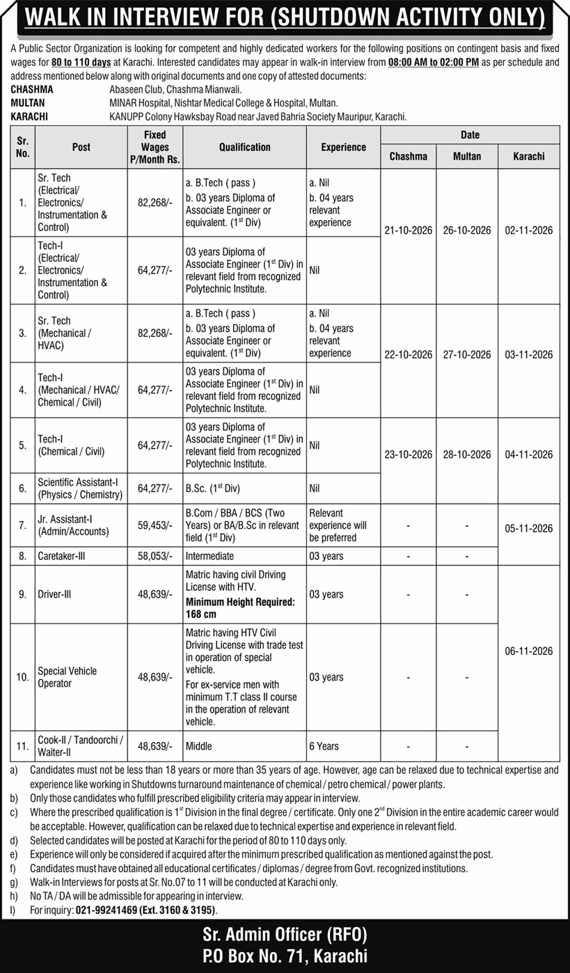 Original PO Box 71 Karachi shutdown activity walk-in interview advertisement