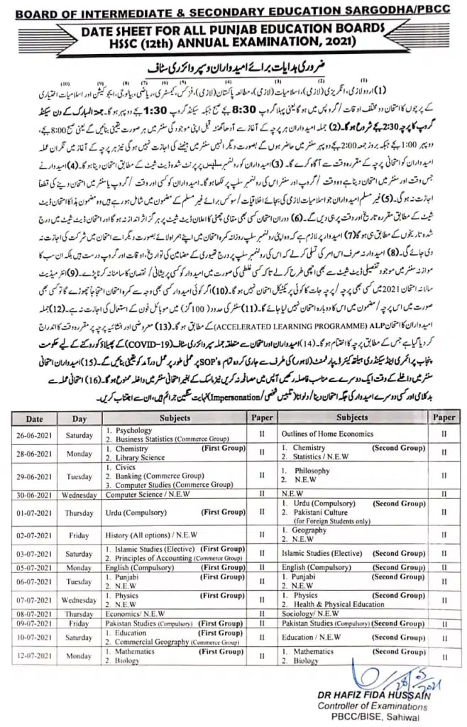 Intermediate Part-II Date Sheet 2021