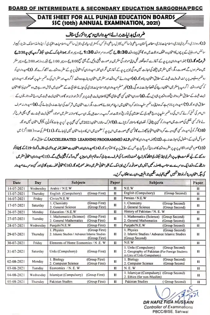 Matric Date Sheet 2021